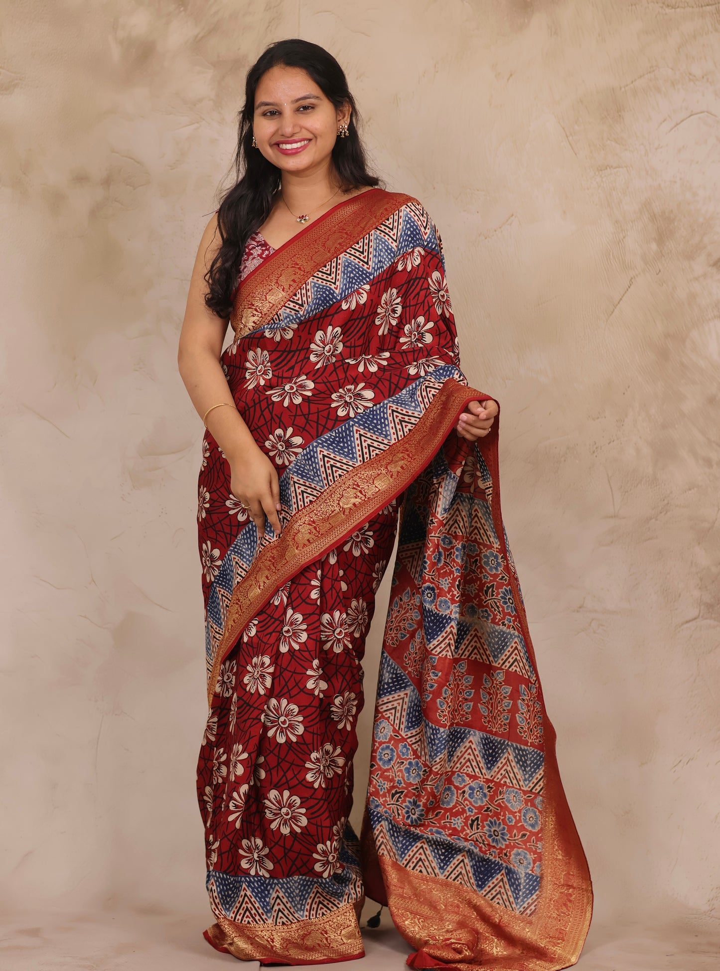 Floral Ajrakh Handblock printed Dola Silk Saree | Looms & Tassels