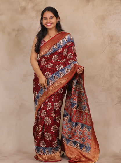 Floral Ajrakh Handblock printed Dola Silk Saree | Looms & Tassels
