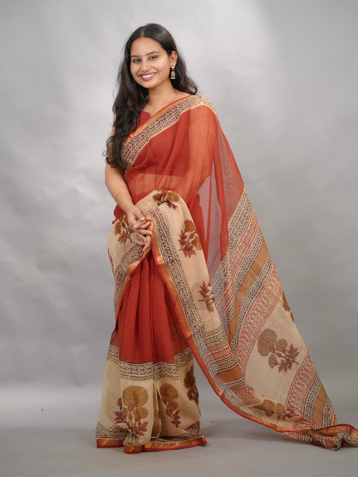 Maroon Pure Kota Doria Saree with Bagru Handblock Prints | Looms & Tassels