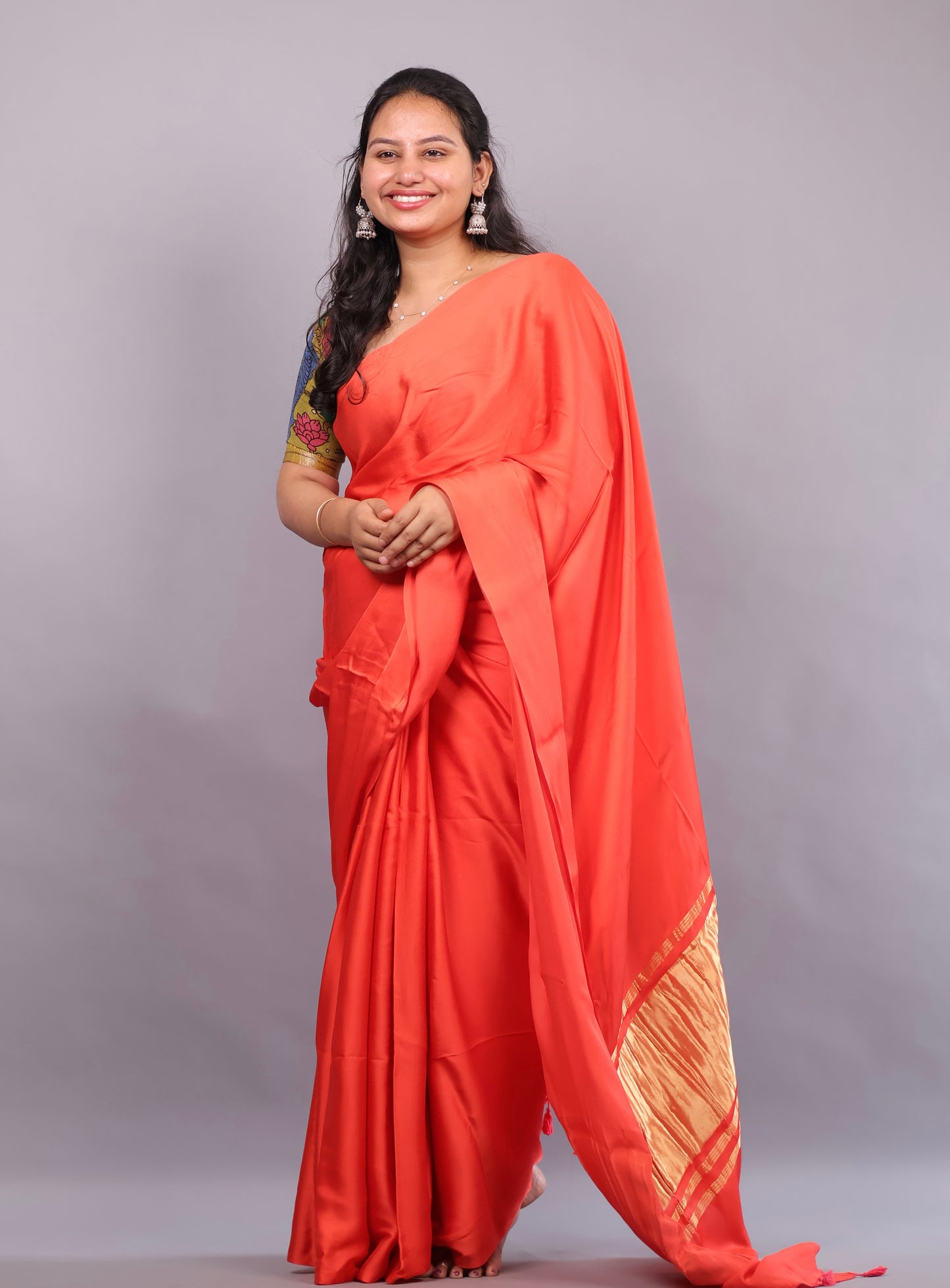Orange Plain Modal Silk Saree with Lagdi Pallu | Looms & Tassels