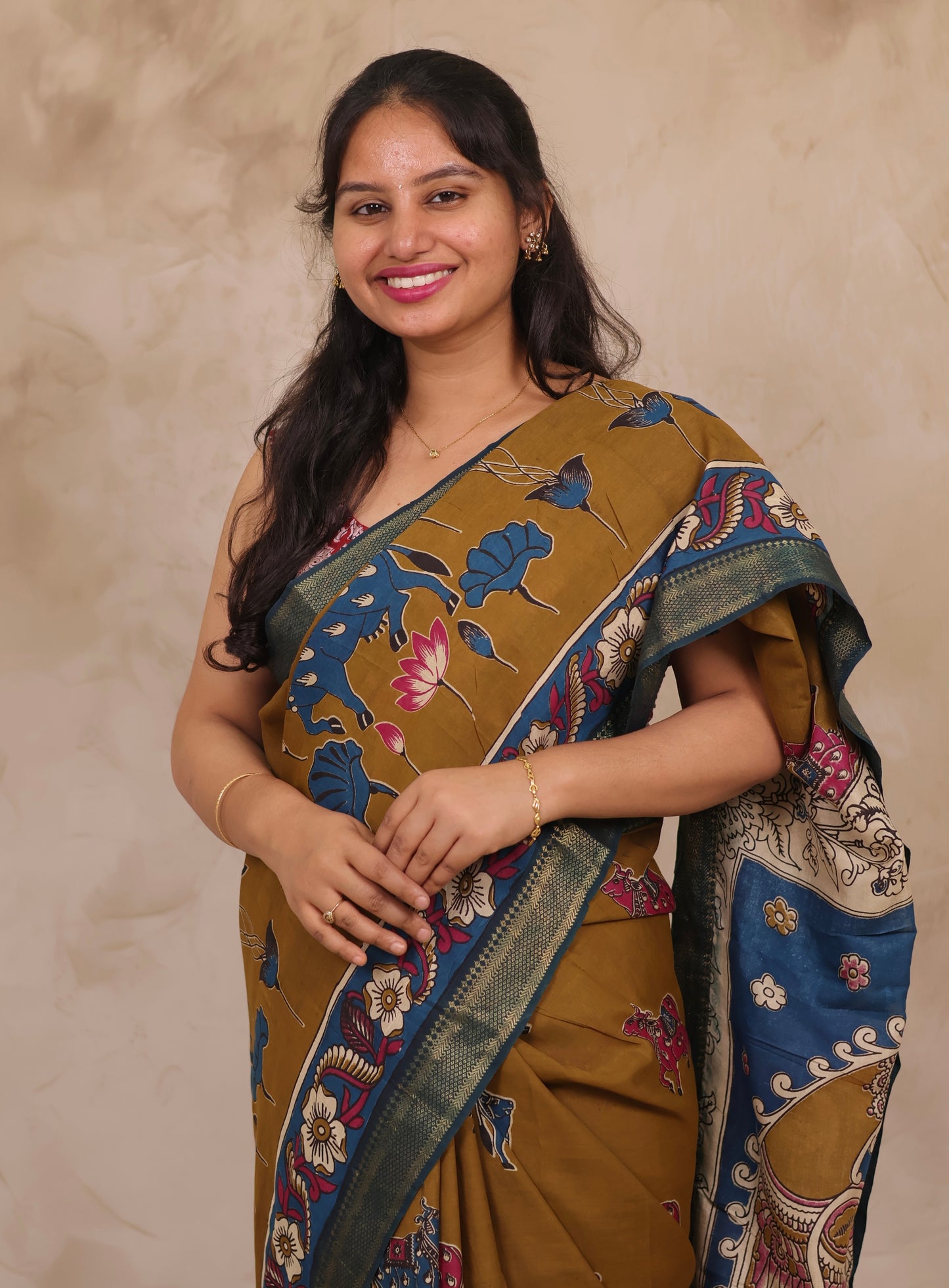 Mustard Kalamkari Nizam Border Chennur Silk Saree | Looms & Tassels