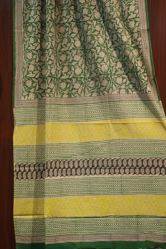 Green Bagru Handblock printed MulMul cotton saree