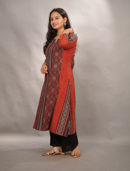 Red Ajrakh Pattern Hand Block printed Kurti | Looms & Tassels