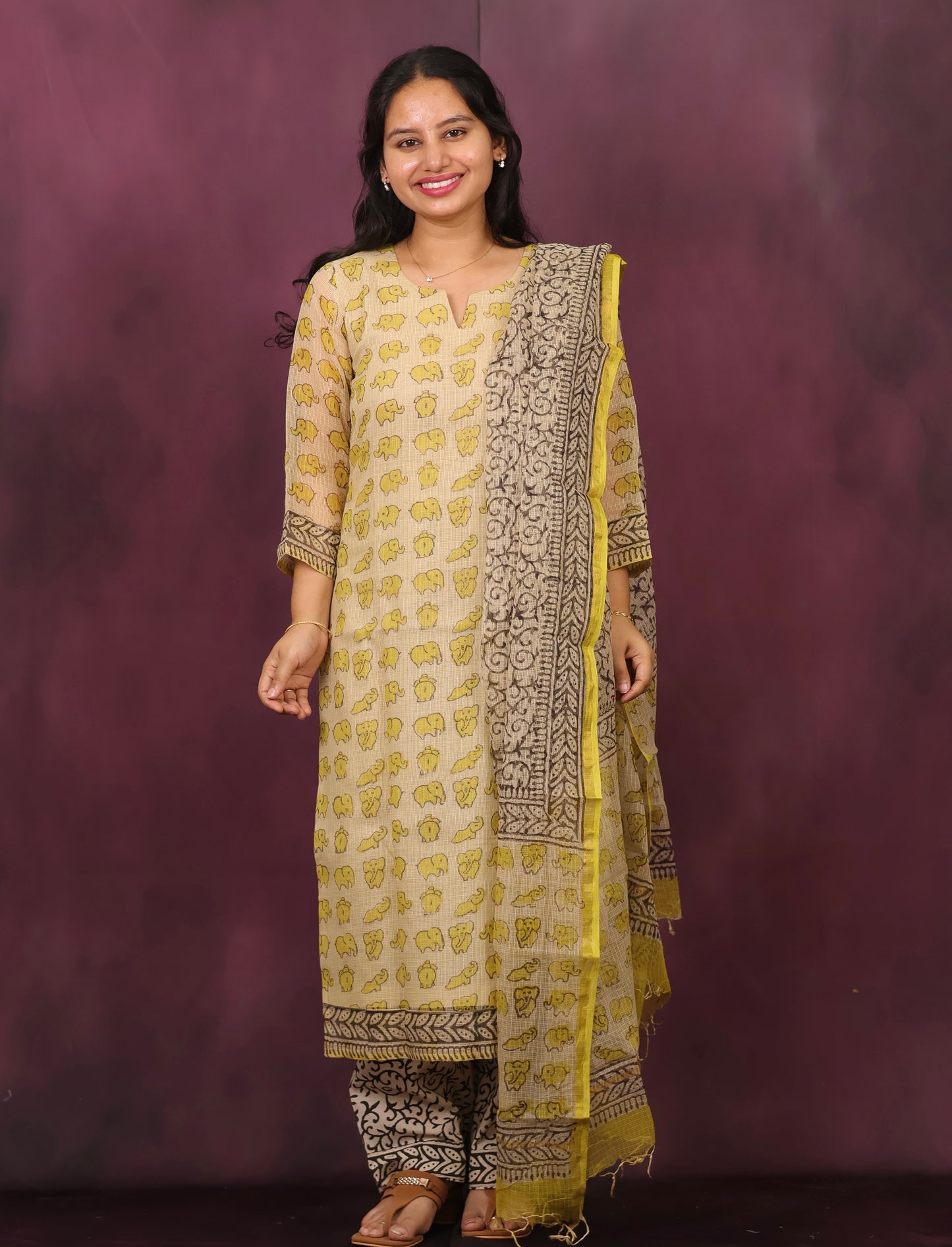 Cream & Yellow Elephant Handblock printed kota 3 piece suit (stitched)