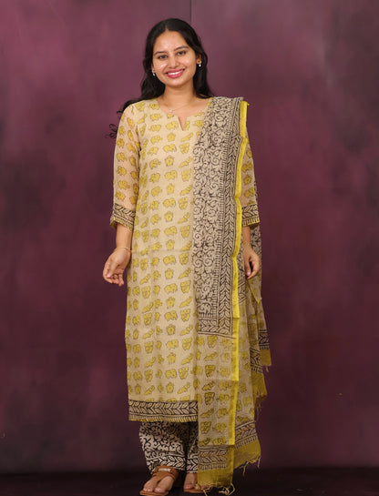 Cream & Yellow Elephant Handblock printed kota 3 piece suit (stitched)