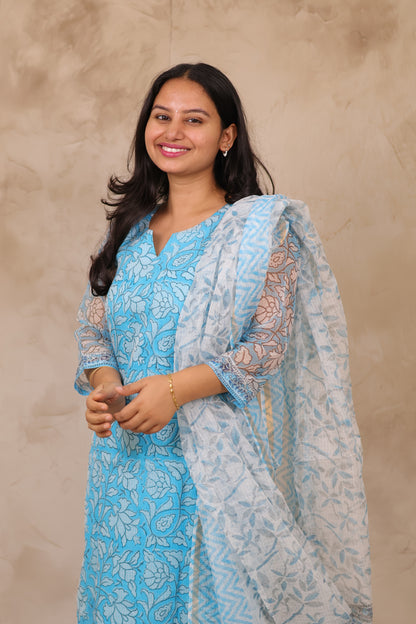 Ice Blue Handblock printed kota 3 piece suit (stitched)