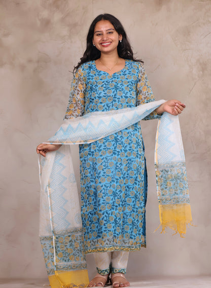 Sky Blue Bagru Handblock printed kota 3 piece suit (stitched)