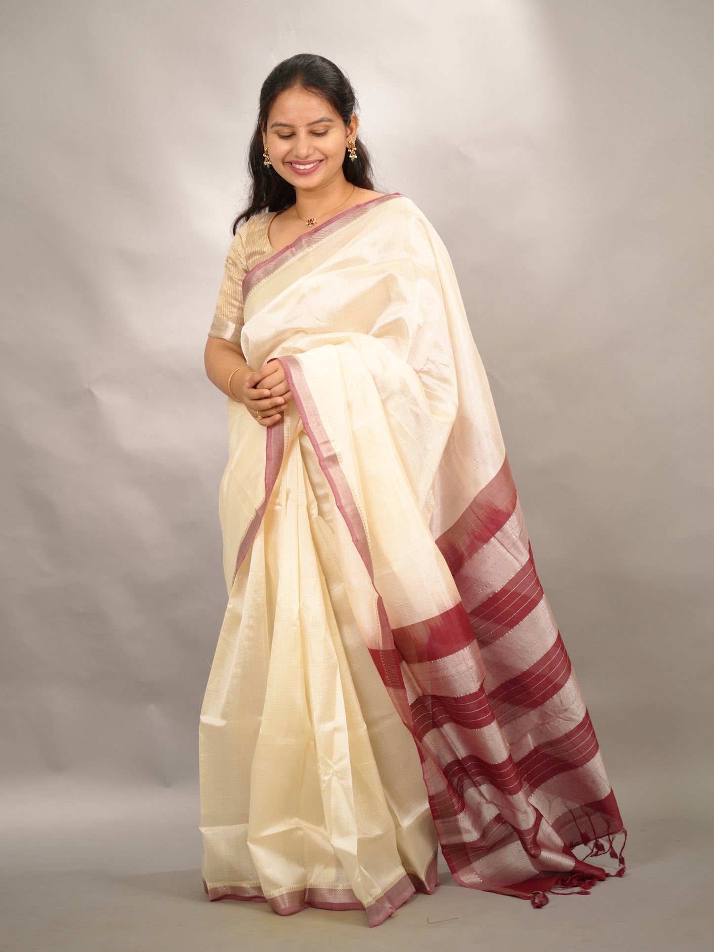 Off White & Maroon Handloom Mangalagiri Silk Saree| Looms & Tassels