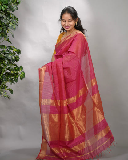 Pink Checks Handloom Maheswari Silk Cotton Sarees | Looms & Tassels
