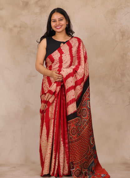Red Needle Shibori and Ajrakh Handblock Printed Modal Silk Saree | Looms & Tassels