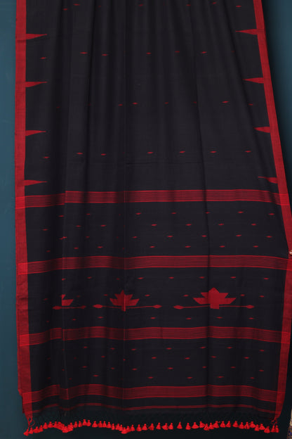Black & Red Pure Handwoven Malai Cotton Saree with Butta Weaving border