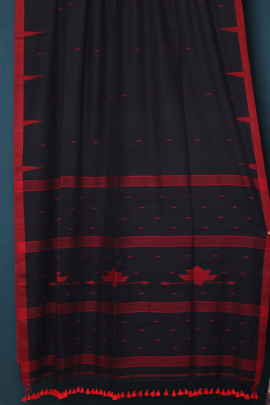 Black & Red Pure Handwoven Malai Cotton Saree with Butta Weaving border