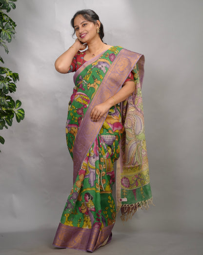 Green Hand Drawn Pen Kalamkari Bangalore Silk Kanchi Border Saree | Looms & Tassels