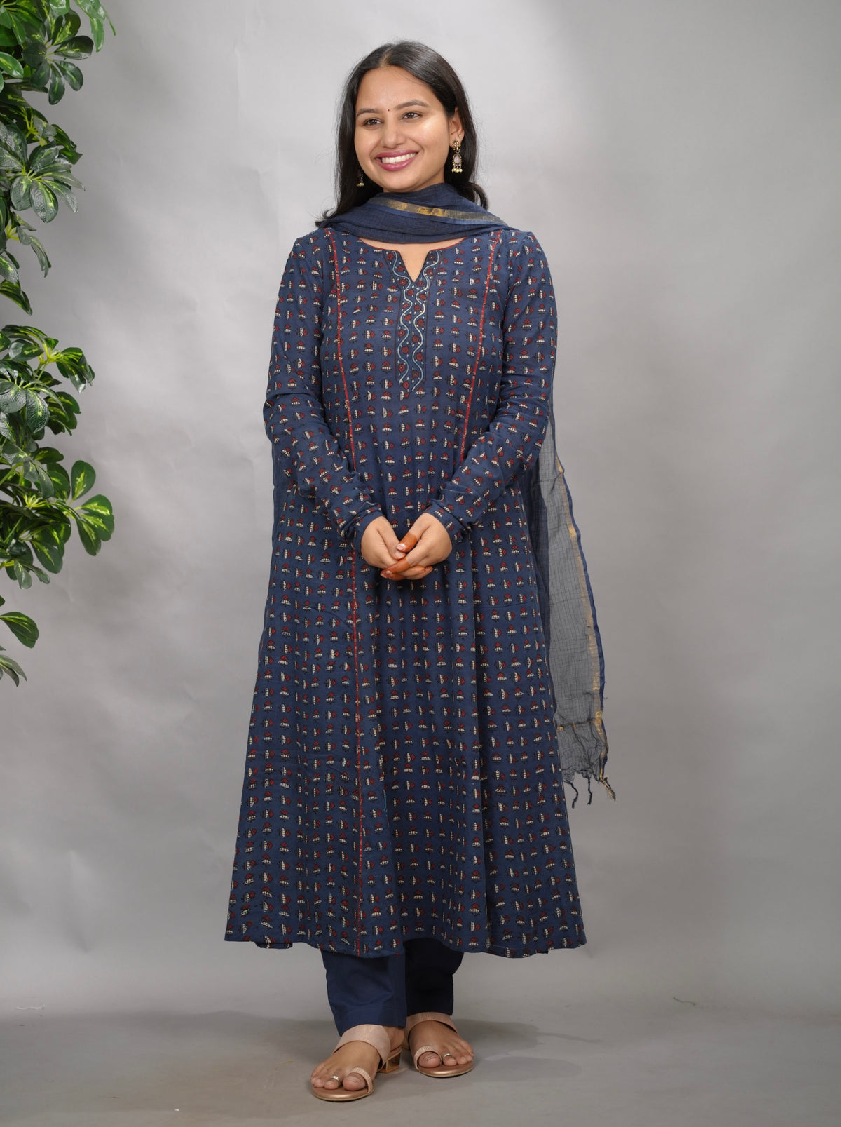 Indigo Ajrakh Handblock Printed Kali Kurta with Chudi Sleeves