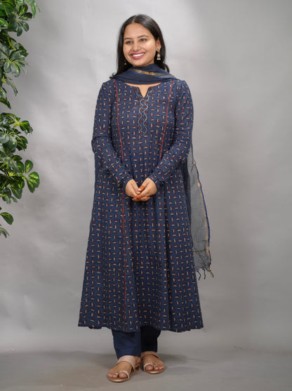 Indigo Ajrakh Handblock Printed Kali Kurta with Chudi Sleeves