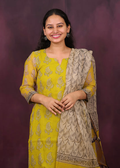 Yellow Handblock printed kota 3 piece suit (stitched)
