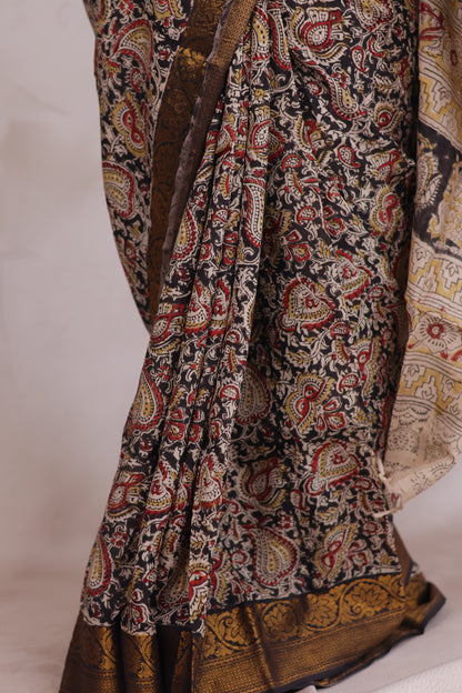 Black Hand Block Printed Kalamkari Kanchi Border Silk Saree