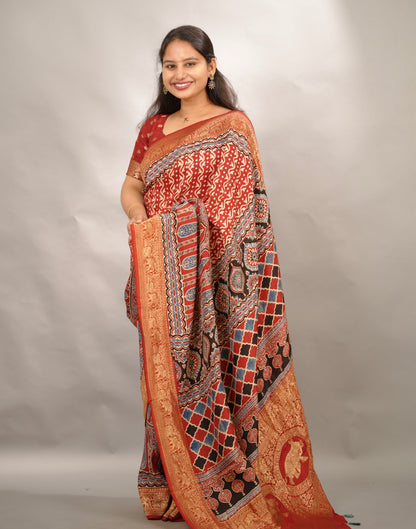 Red Ajrakh Handblock printed Dola Silk Saree | Looms & Tassels