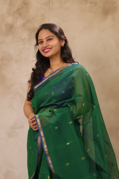Green Handloom Maheswari Silk Cotton Sarees | Looms & Tassels