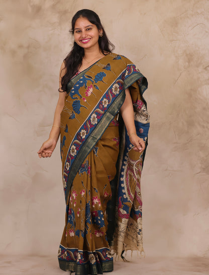 Mustard Kalamkari Nizam Border Chennur Silk Saree | Looms & Tassels