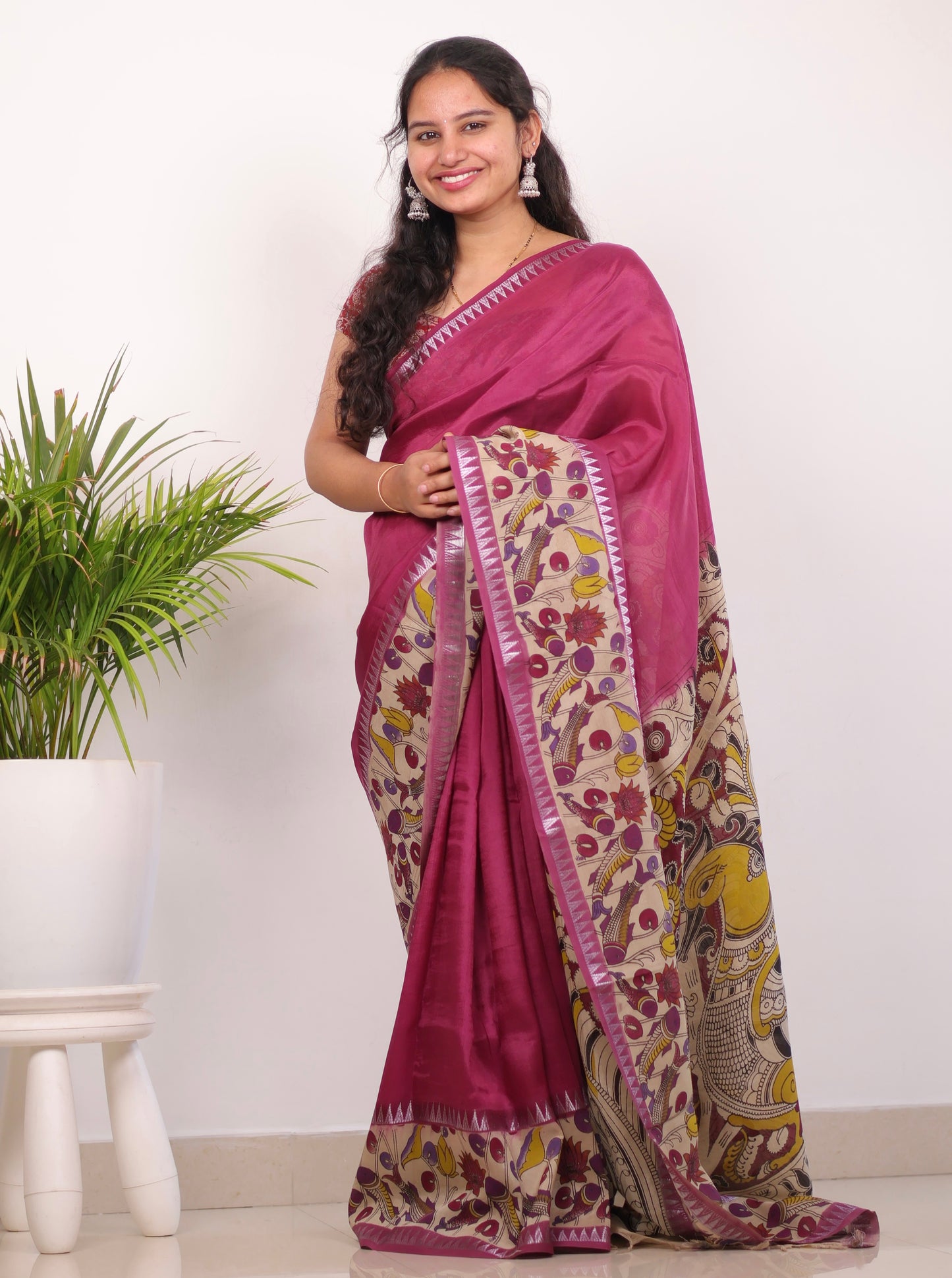 Magenta Plain Gap Border Kalamkari Premium Chennur Silk Handcrafted Saree