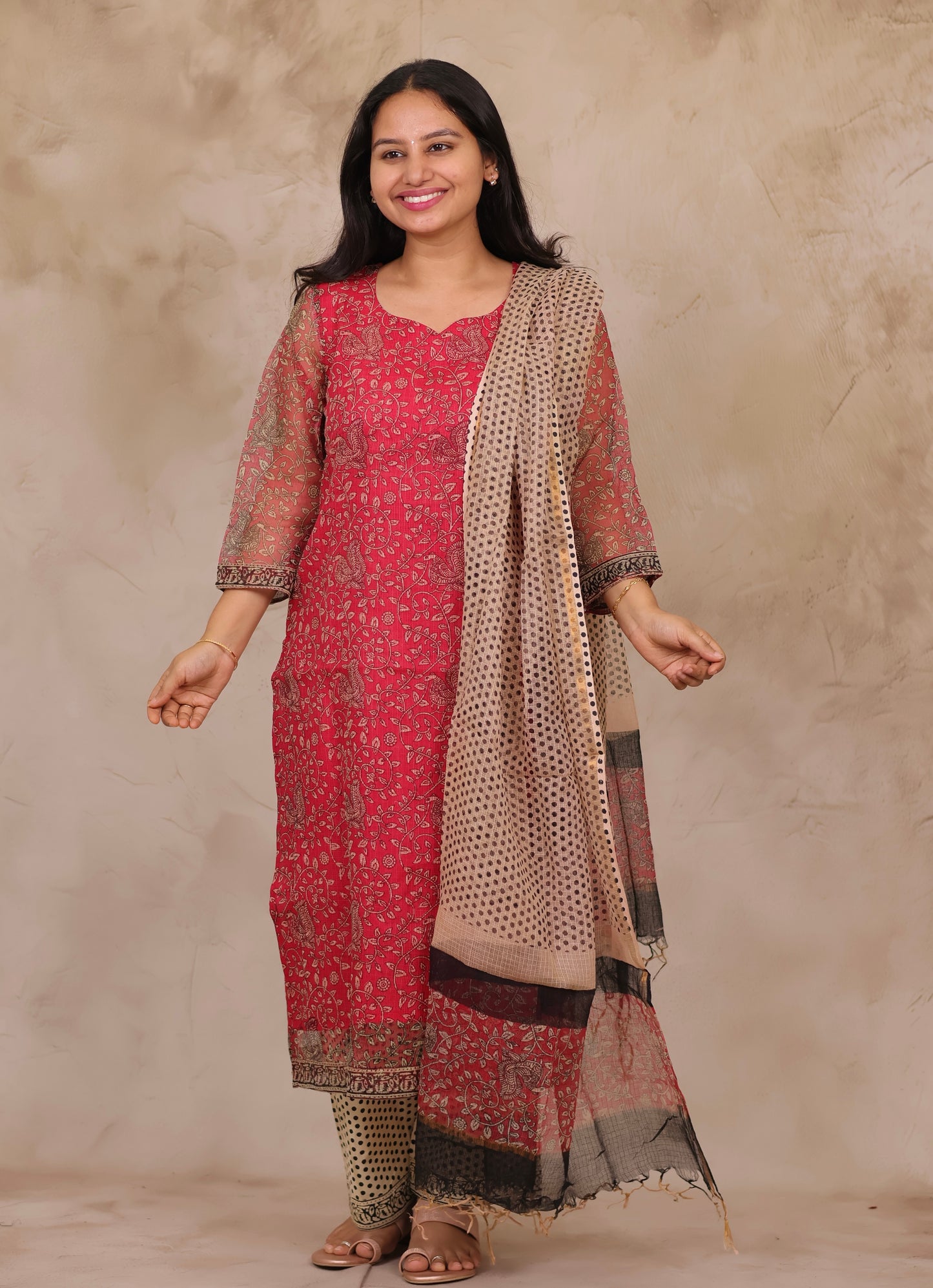 Pink Handblock printed kota 3 piece suit (stitched)