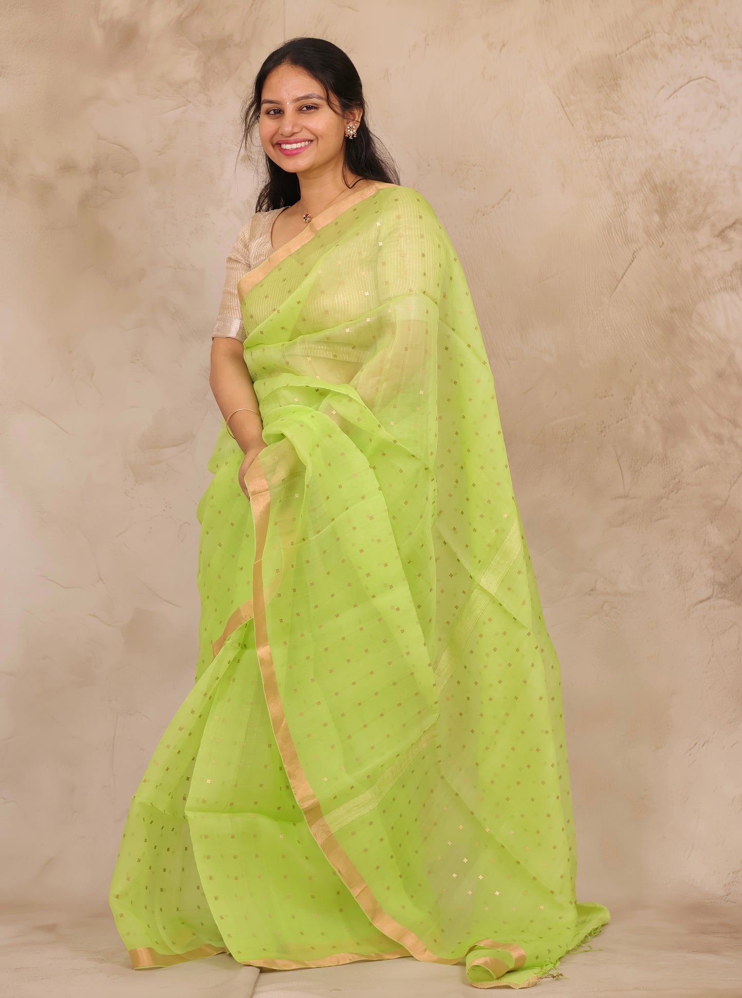 Pista Green Handwoven Muslin Silk Saree With Sequence Work | Looms & Tassels