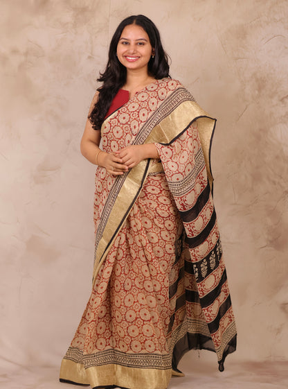 Maroon Chiffon Hand Block Printed Saree with Jari Border | Looms & Tassels