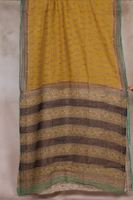 Mustard Yellow Pure Kota Doria Saree with Bagru Handblock Prints | Looms & Tassels