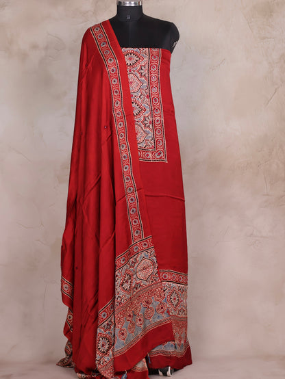 Mirror Work Maroon Ajrakh Handblock Printed Modal Silk 2 Piece Suit Set | Looms & Tassels