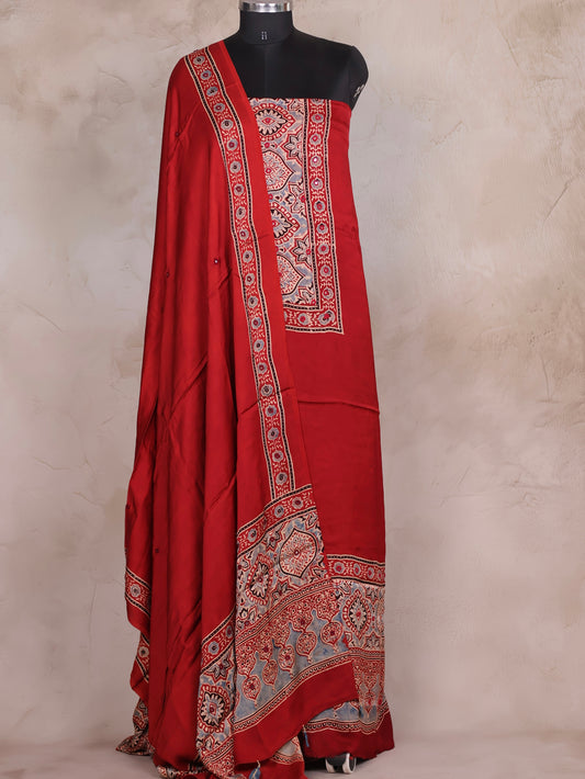 Mirror Work Maroon Ajrakh Handblock Printed Modal Silk 2 Piece Suit Set | Looms & Tassels