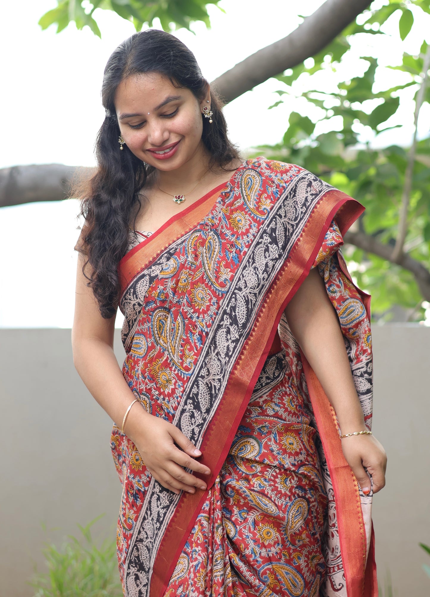 Red Hand Block Printed Kalamkari Nizam Border Silk Sare