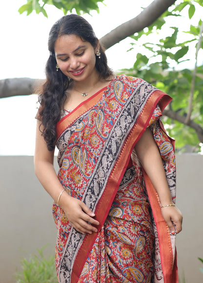 Red Hand Block Printed Kalamkari Nizam Border Silk Sare