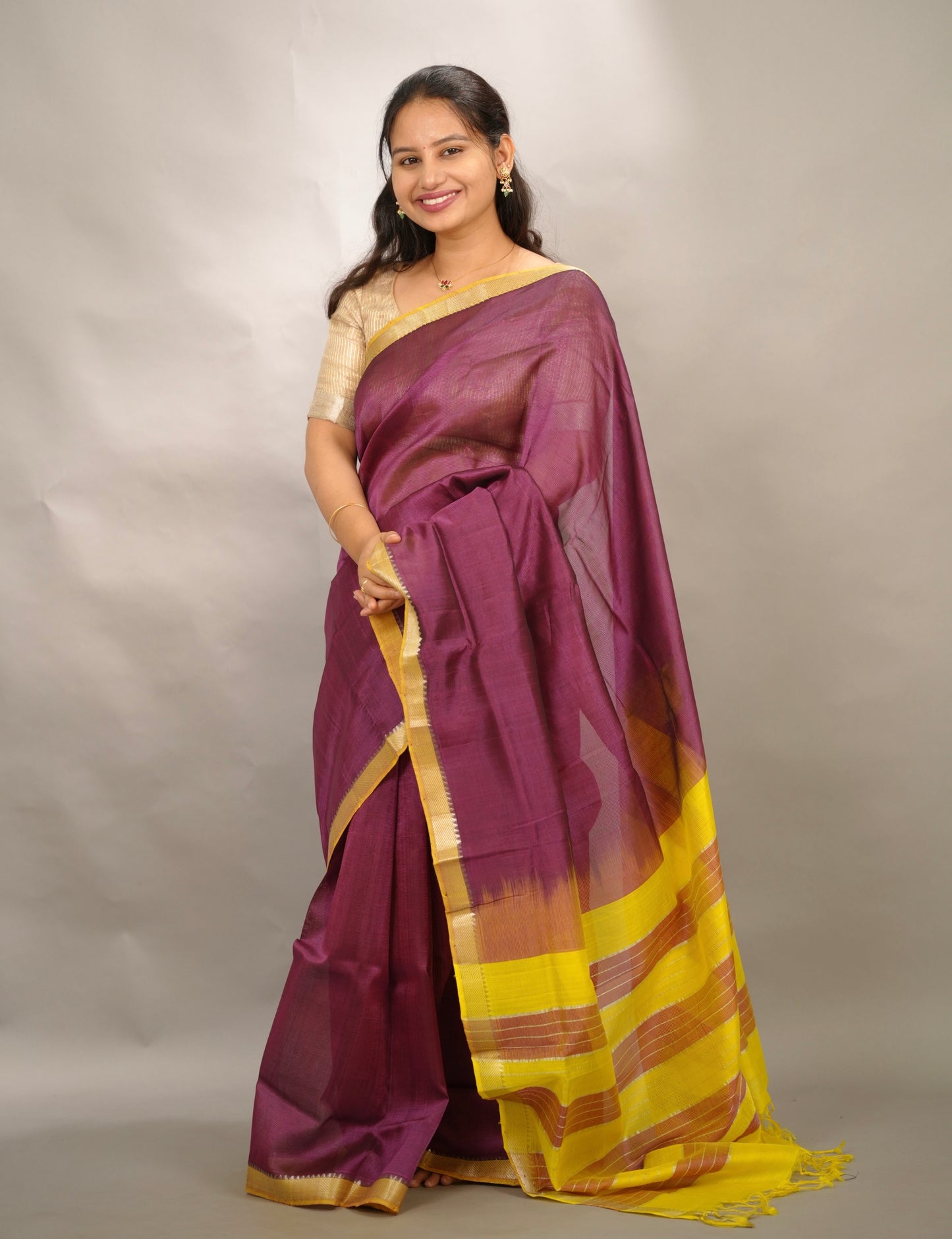 Wine & Yellow Handloom Mangalagiri Silk Saree| Looms & Tassels