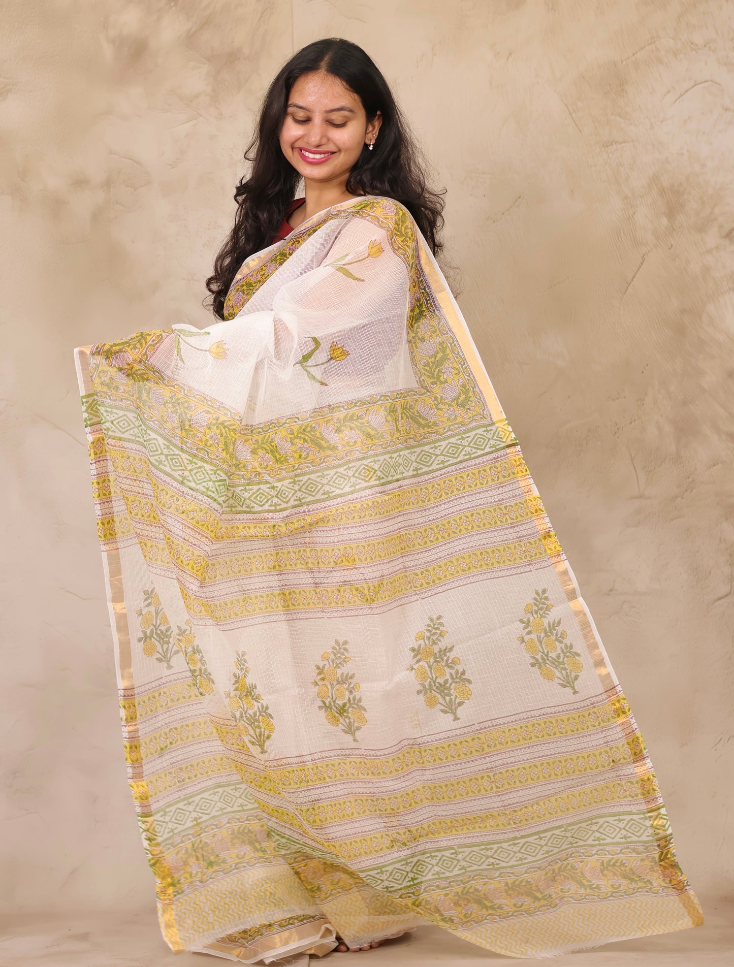 White Pure Kota Doria Saree with Bagru Handblock Prints | Looms & Tassels