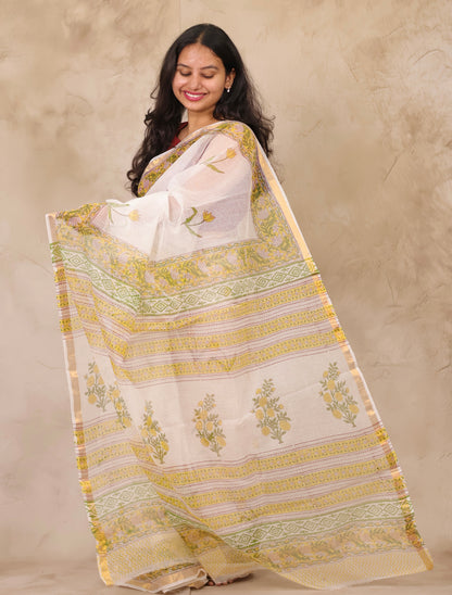 White Pure Kota Doria Saree with Bagru Handblock Prints | Looms & Tassels
