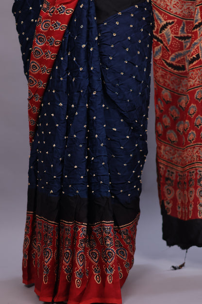 Cyan Blue Hand Knotted Ajrakh Bandhej Modal Silk Saree | Looms & Tassels