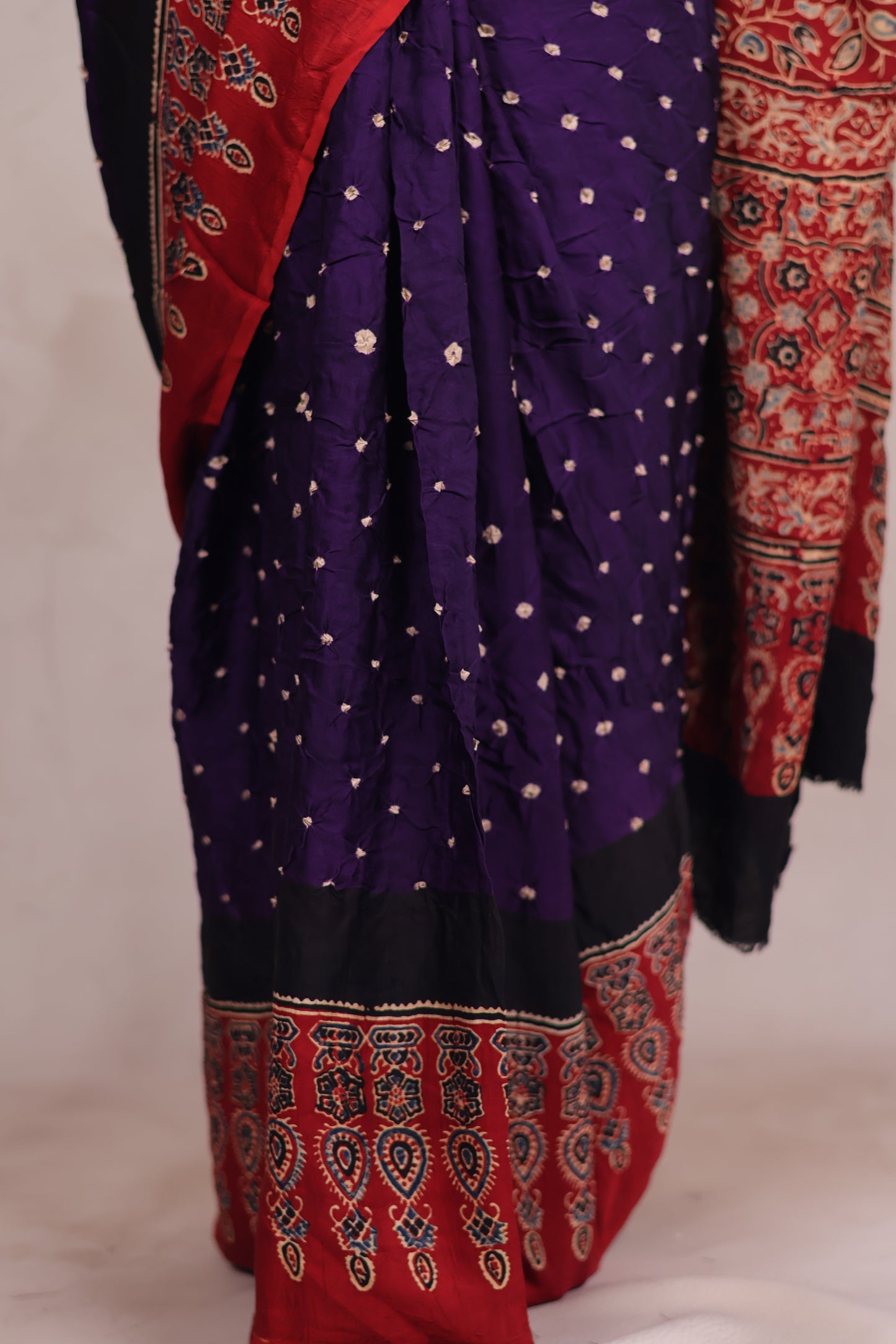 Purple Hand Knotted Ajrakh Bandhej Modal Silk Saree | Looms & Tassels