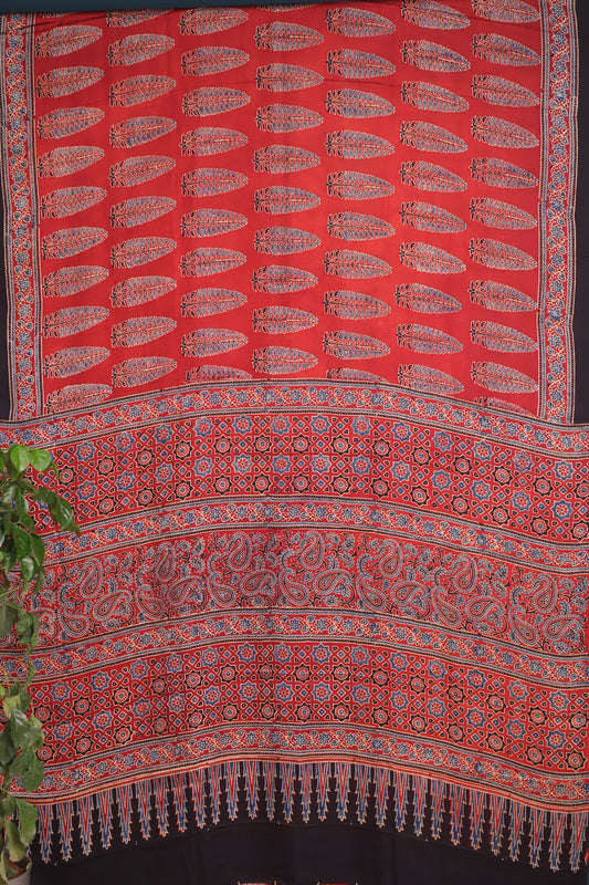 Red Ajrakh Modal Silk Saree