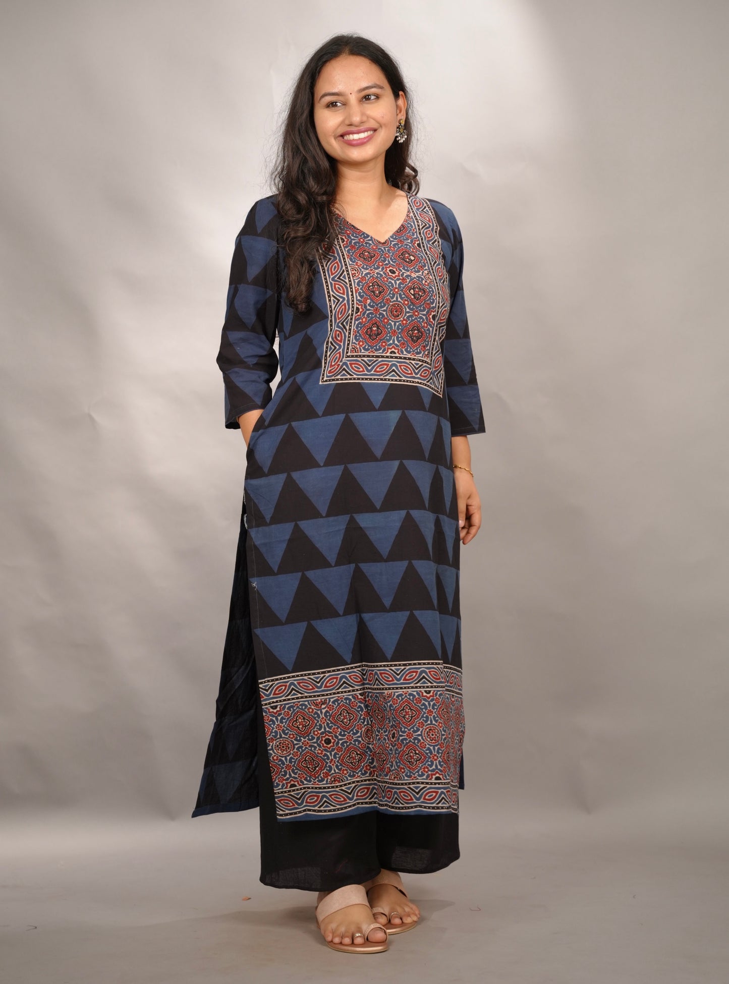 Black & Indigo Ajrakh Pattern Hand Block printed Kurti | Looms & Tassels