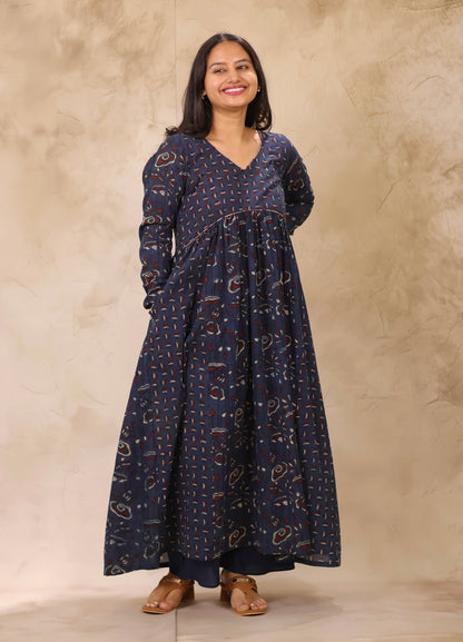 Indigo Ajrakh Hand Block Printed Pure Mul Cotton Aline Kurta | Looms & Tassels