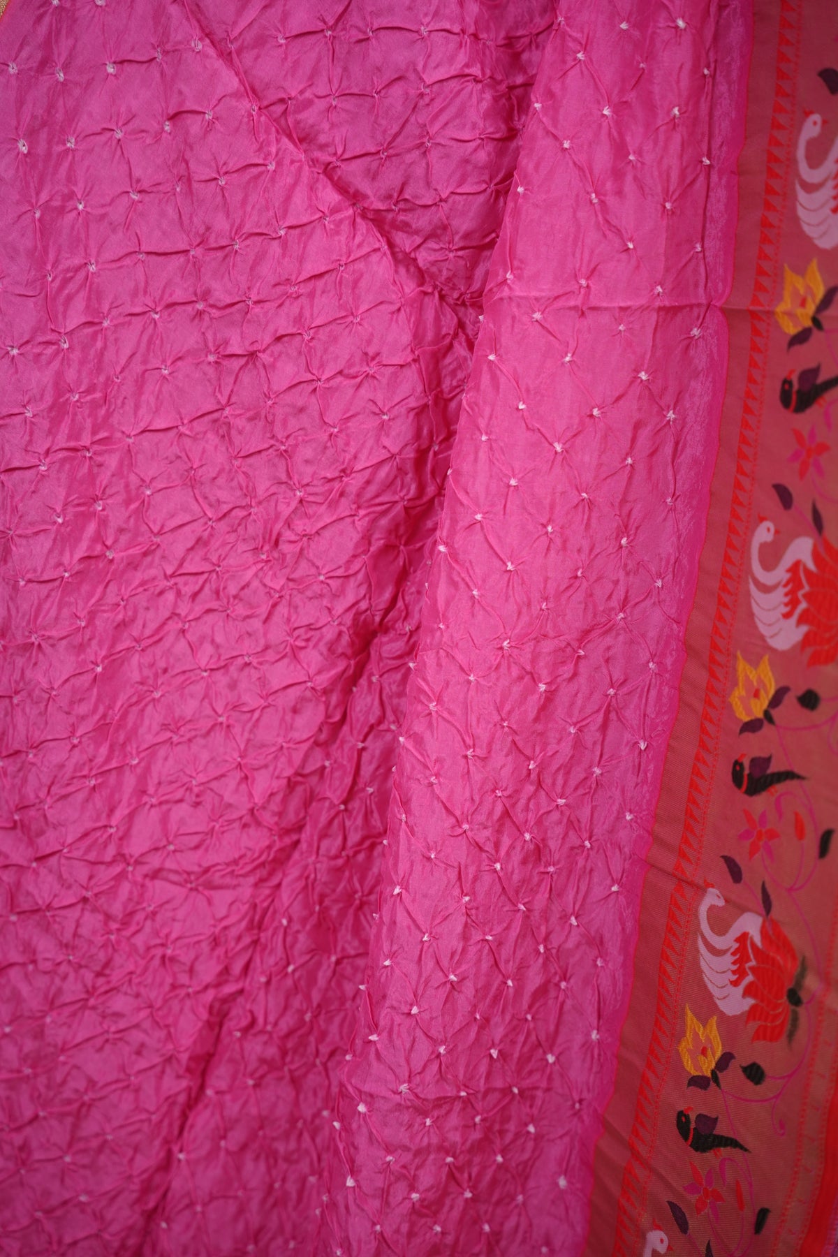Pink Handcrafted Bandhani Paithani Dola Silk Saree | Looms & Tassels