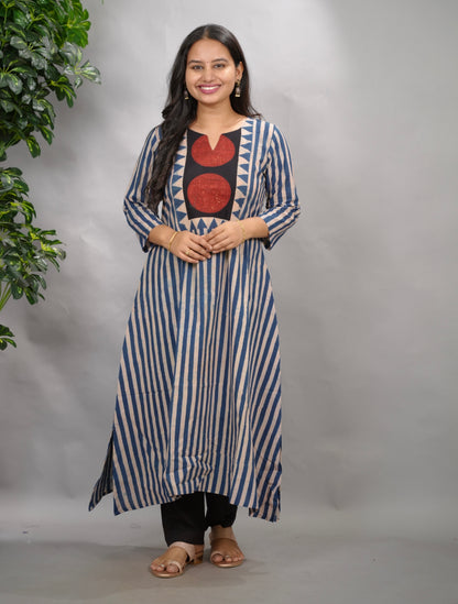Blue Ajrakh Pattern Hand Block printed Aline Kurti | Looms & Tassels