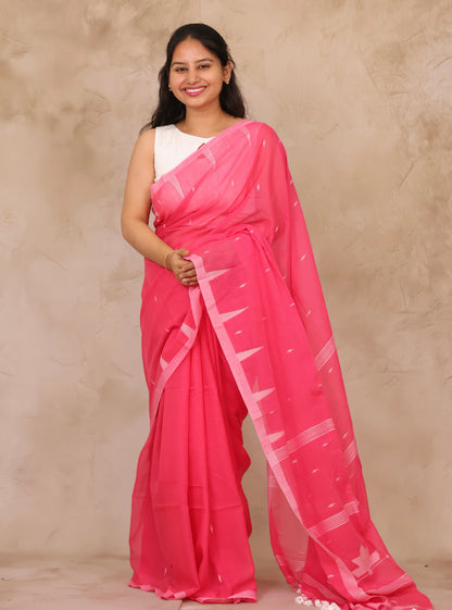 Pink Handwoven Malai Cotton Saree| Looms & Tassels
