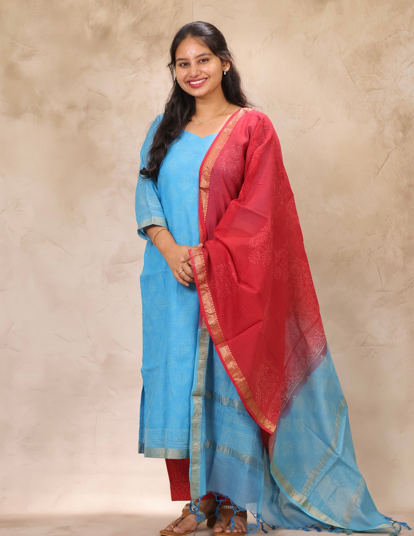 Sky Blue & Red Handblock printed Pure Maheswari Silk 3 piece suit (stitched)
