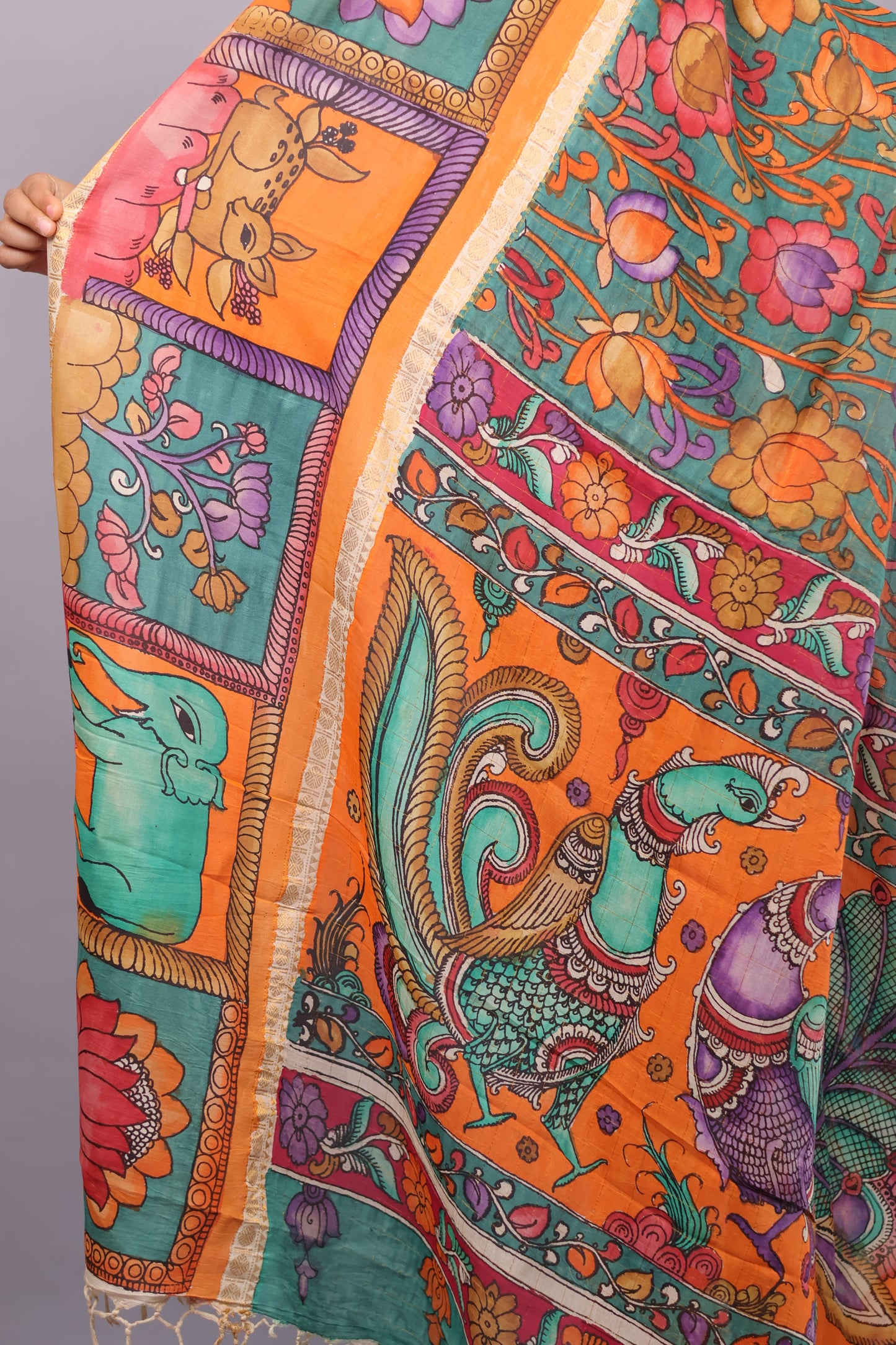 Sea Green Hand Painted Pen Kalamkari Bangalore Silk Saree with Sungdi Borders