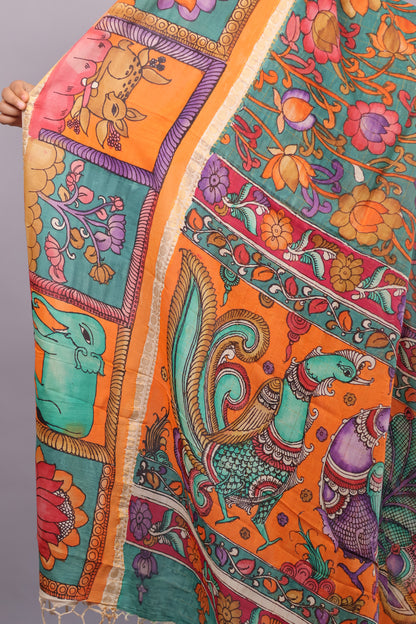 Sea Green Hand Painted Pen Kalamkari Bangalore Silk Saree with Sungdi Borders