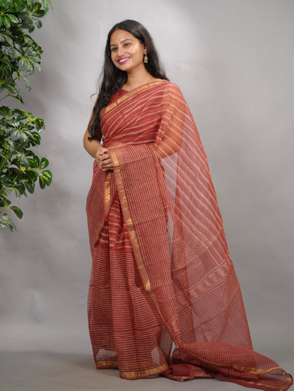 Maroon Stripes Contemporary Pure Kota Doria Saree with Bagru Handblock Prints