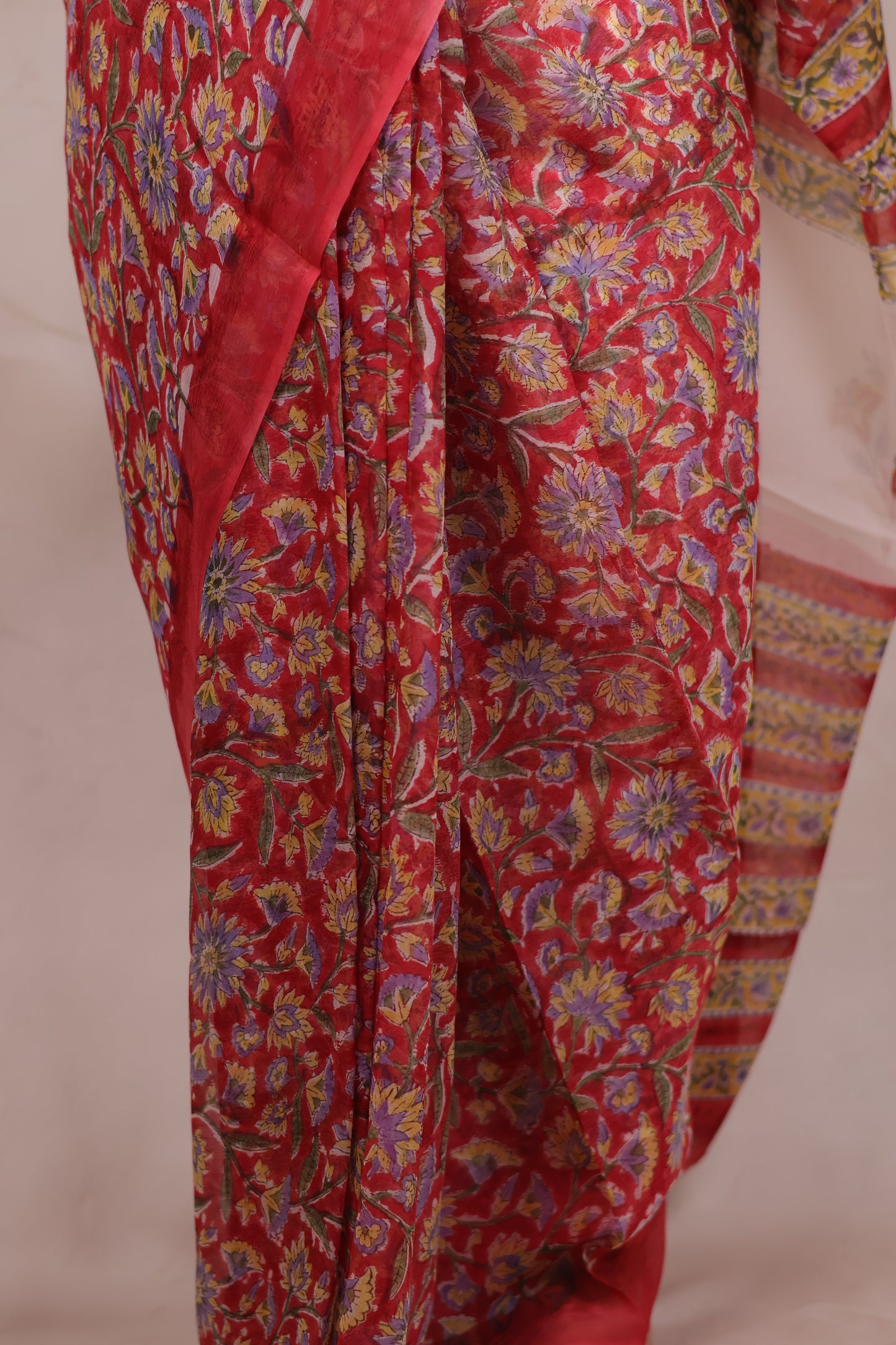 Red Chiffon Hand Block Printed Saree | Looms & Tassels