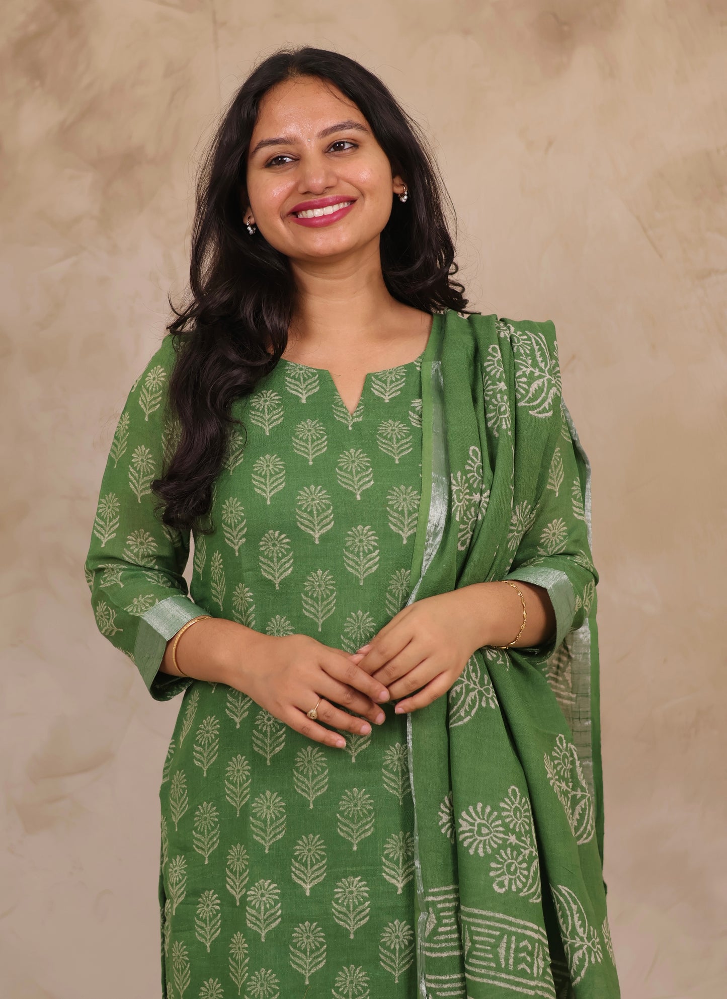 Green Linen Cotton Handblock printed 3 piece suit (stitched)
